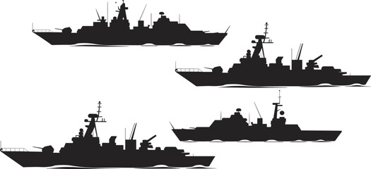 Modern military warship silhouette collection with navy destroyer and battleship profiles, isolated on white background, maritime defense vector illustration set © Julfikar