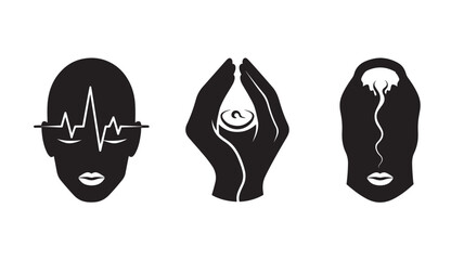 Obraz premium Human Head Silhouettes with Medical and Spiritual Symbols in Minimalist Style with Simple Black and White Color Scheme for Health and Wellness Illustrations