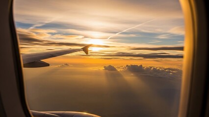 Golden Sunset View from Airplane Window with Wing and Clouds