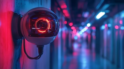 Fototapeta premium Futuristic Surveillance: A high-tech security camera in a neon-lit environment