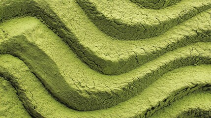 Delicate matcha powder, featuring subtle green ripple patterns and smooth swirls, highlighting the natural vibrant color of the green tea powder and its fine, powdery texture.