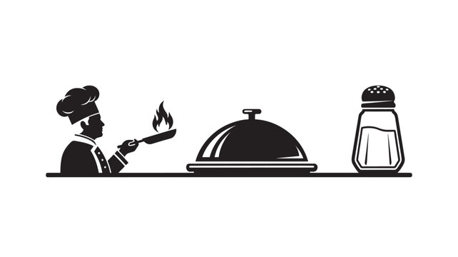 Chef flambing dish in minimalist black silhouette with dramatic lighting on white background for culinary advertisement