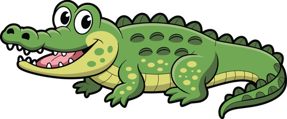 Obraz premium Cute cartoon crocodile character illustration with smiling face and playful style, friendly wild animal design isolated on white for kids and creative projects