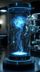 Captivating Sci-Fi Experiment: Enclosed Energy Filament Display in Futuristic Setting