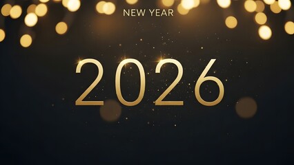 A gold 2026 New Year graphic on a black background with festive lights