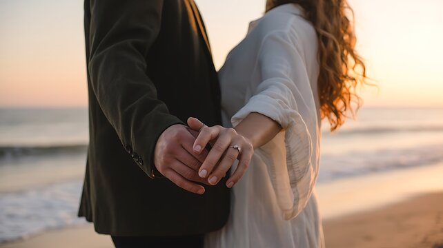 Couple Holding Hands at Beach Sunset Romance