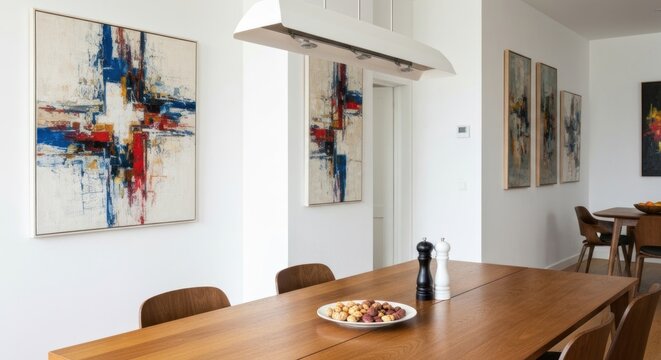 Modern dining room with art, wooden table, and chairs