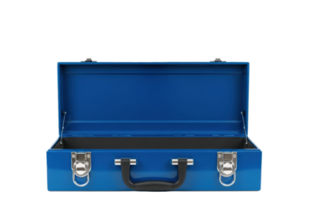 professional electric blue metal toolbox, open and empty, sharp focus on chrome latches, presented against a clean transparent background with copy space, concept of potential and new beginnings