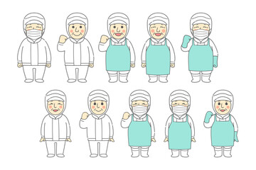 笑顔で仕事をする給食のおじさん、おばさんの表情・ポーズ・無塵衣（エプロン・マスク・作業着）の組み合わせのイラストセット