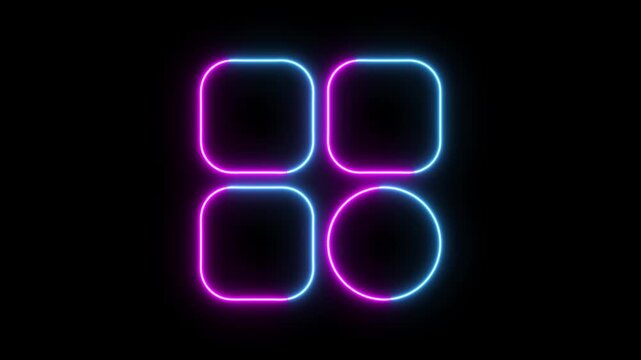 neon square rectangle picture frame icon animation neon display box round screen photo frame retro movement with black background.