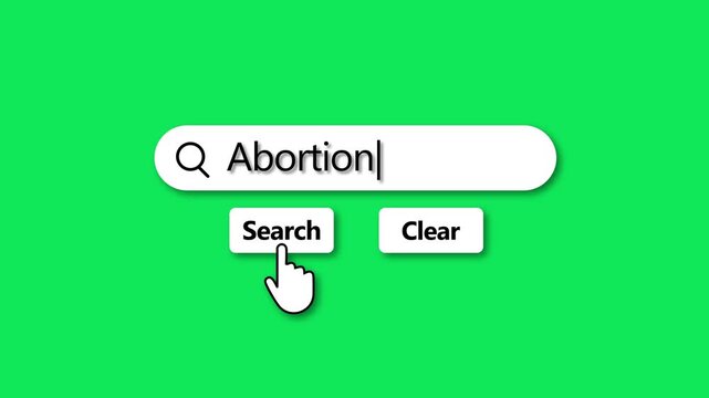 Search bar with the word Abortion typed in on a green background with a cursor pointing to the search button