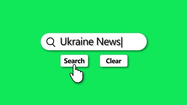 Search bar with text Ukraine News and cursor hovering over Search button on green background internet