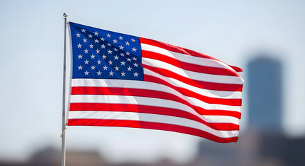 American flag waving in front of blurred city skyline