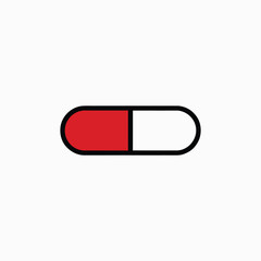 Red and White Capsule in Simple Flat Design with Bold Color on White Background for Medical Icon