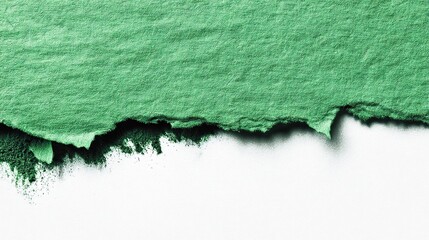 Green paper with small amount of powder on bottom border against clean white background designed as web banner with ample copy space on one side for creative promotion and advertising use.