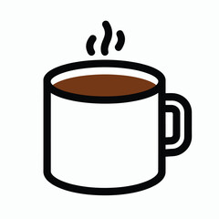 Steaming coffee cup in simple line art with bold black lines and warm brown liquid for cafe branding