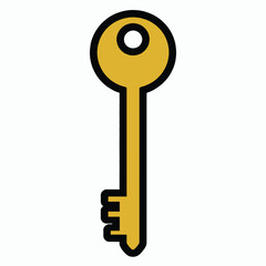 Vintage Key in Simple Flat Design with Golden Color on White Background for Iconography