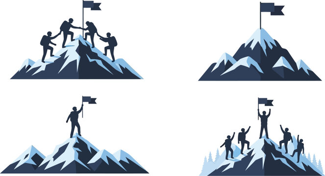 Mountain climbers reaching peaks vector illustration on transparent background silhouette