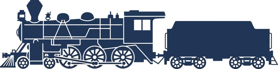 Detailed vintage steam train illustration on transparent background silhouette © MALA