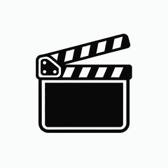 Film Clapperboard Icon in Simple Flat Design with Black and White Color Scheme on Isolated White Background for Film Industry