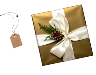 Elegant golden gift box with ivory ribbon, pinecone, and sprig