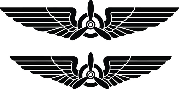 Detailed airplane wing emblem with propeller design on transparent background silhouette