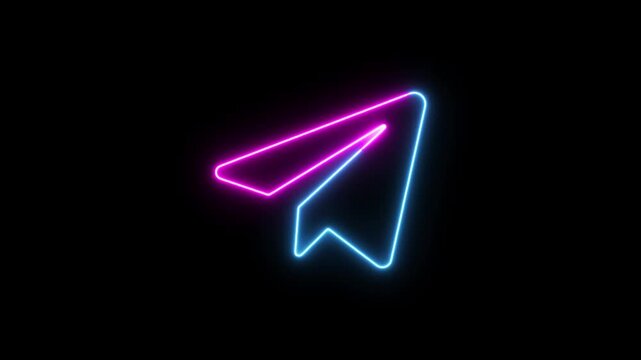 Glowing neon colorful line telegram icon animation isolated on black background