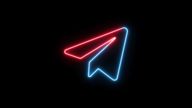 Glowing neon colorful line telegram icon animation isolated on black background