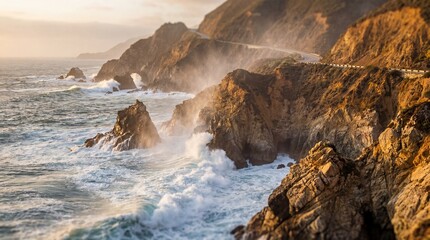 Coastal landscape showcases the raw power of the ocean, with waves crashing against rugged cliffs under a bright sky.  