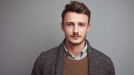 Handsome young man with short hair wearing casual smart outfit, standing against plain gray background, neutral tones, editorial photography style, sharp focus