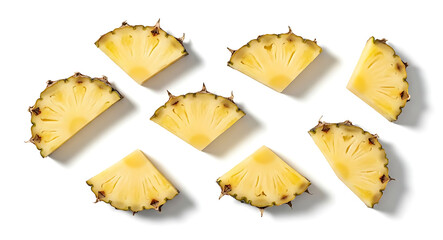 Sliced Pineapple Rings and Wedges Scattered on White Background fruit tropical