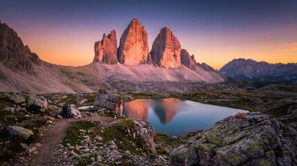 Naklejka premium Majestic mountain peaks mirrored in a serene lake during a vibrant sunset, a stunning display of natural beauty and landscape photography.