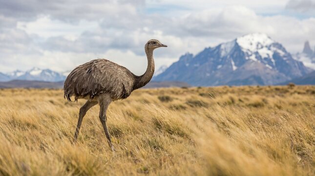 A majestic Rhea bird strides confidently across a windswept meadow, the snowy peaks of a majestic mountain range providing a breathtaking backdrop.