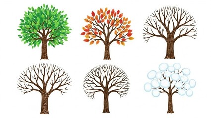 Obraz premium A set of four seasons trees featuring a vector illustration of an oak with autumn leaves, winter snow on bare branches, and spring flowers in a black silhouette nature landscape design