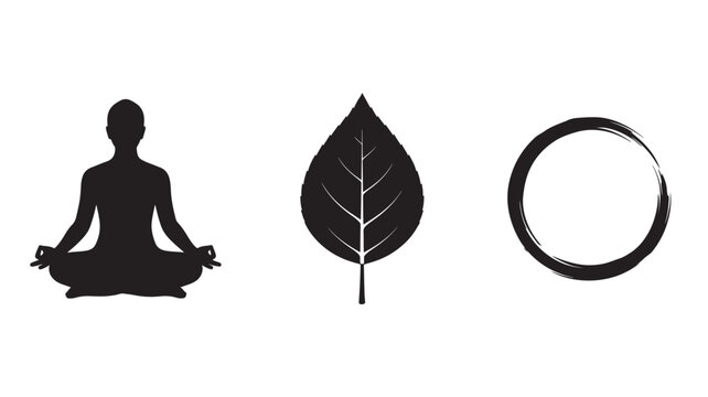 Yoga Silhouette with Leaf and Ring in Minimalist Style, Soft Black and White, Vector Illustration for Wellness