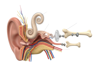 hyper-detailed 3d anatomical render of the human inner and middle ear in an exploded cross-section, showing ossicles, cochlea, nerves, and translucent canals on clinical gray. concept for advanced