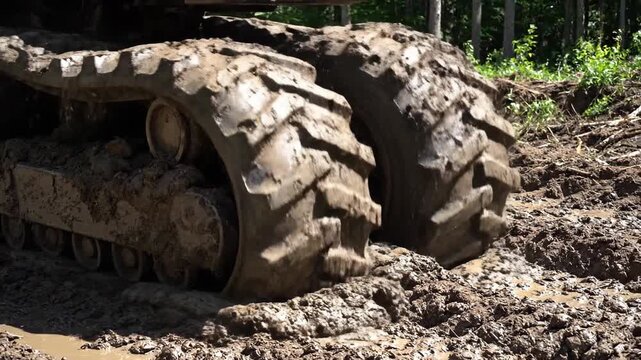 Heavy Industrial Skidder Tire with Deep Treads Sunk Into Soft Muddy Ground During Logging Operation
