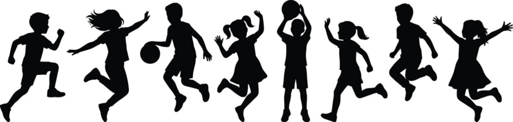 Happy children playing silhouette collection showing jumping kids football fun active childhood isolated black vector illustration for education design
