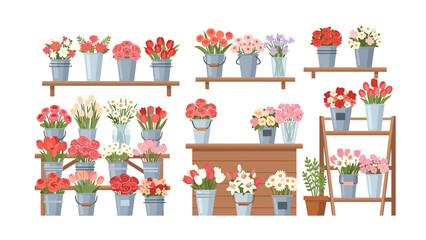 Inviting flower shop interior with an extensive array of fresh, colorful flowers in buckets and vases, beautifully arranged on shelves and a counter, creating a charming scene.