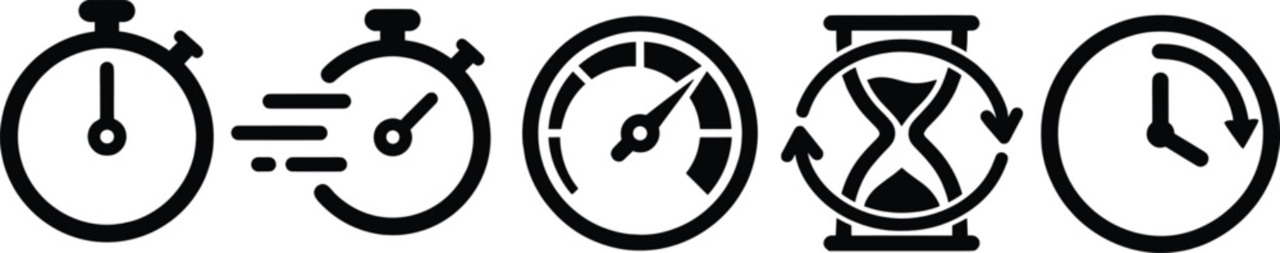 Time and speed icons including stopwatch, speedometer, hourglass, and clock for productivity, performance, and efficiency visuals.