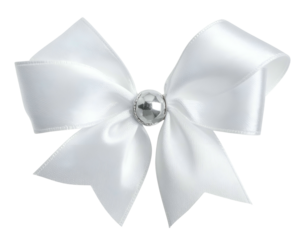 A shiny, white satin bow with a sparkling gem center