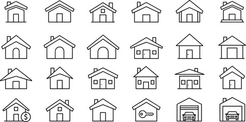 Fototapeta premium House icons, residential building symbols, home architecture vector, real estate illustration, black line style, cad drawing flat vector illustration