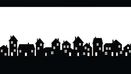 House silhouette, night scene, residential buildings, urban skyline, illuminated windows, vector illustration, black and white, neighborhood row, architecture design, cityscape art