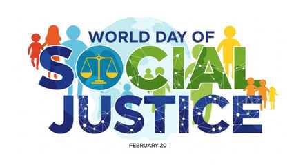World Day of Social Justice Poster with Scales of Justice and Diverse People
