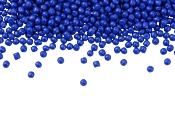 ultra-detailed, deep cobalt blue, spherical polymer resin granules sparsely scattered across a flawless white studio background, high contrast macro flat lay. concept of industrial material science