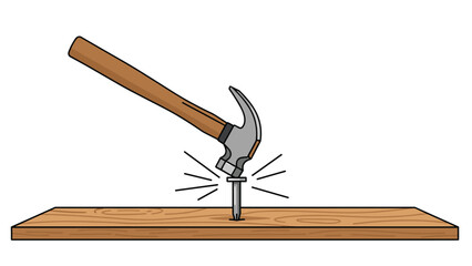 Dynamic illustration of a hammer striking a nail into a wooden board with impact lines, capturing the force and action of construction or carpentry work.