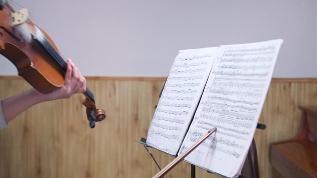 Violin bow pointing at sheet music during classical music practice. A young woman holding a violin receives instruction in a classroom setting, focusing on note reading and rhythm.