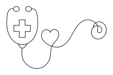Stethoscope continuous line drawing with heart and medical cross symbols
