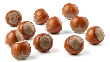 Obraz premium Group of Whole Hazelnuts with Visible Shells and Inner Texture on White Background food ingredient