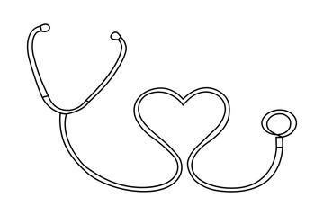 Stethoscope line art drawing forming a heart shape on white background